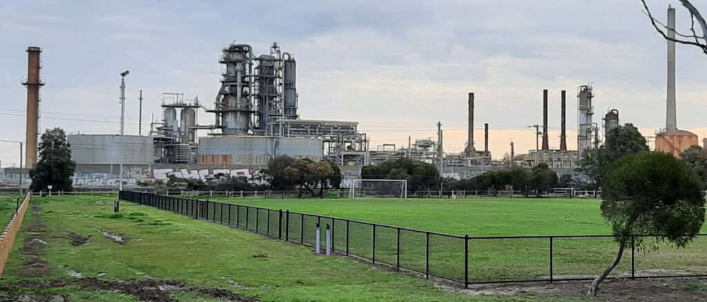 A large oil refinery complex, used here as a generic illustration of crude oil processing infrastructure