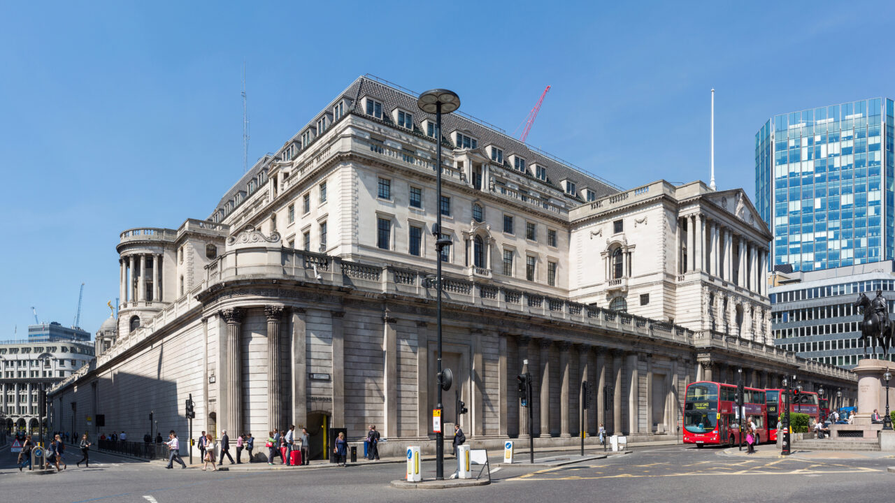 Exterior of the Bank of England building in the City of London