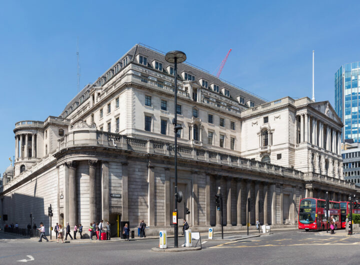 The exterior of the Bank of England building on Threadneedle Street, London
