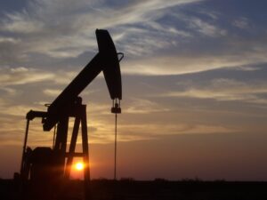 An oil pumpjack extracting crude oil